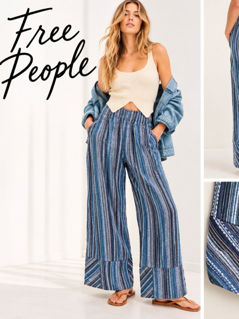 Free People Days End Pants Womens XL Blue Striped Pull On Cotton Boho Wide Leg